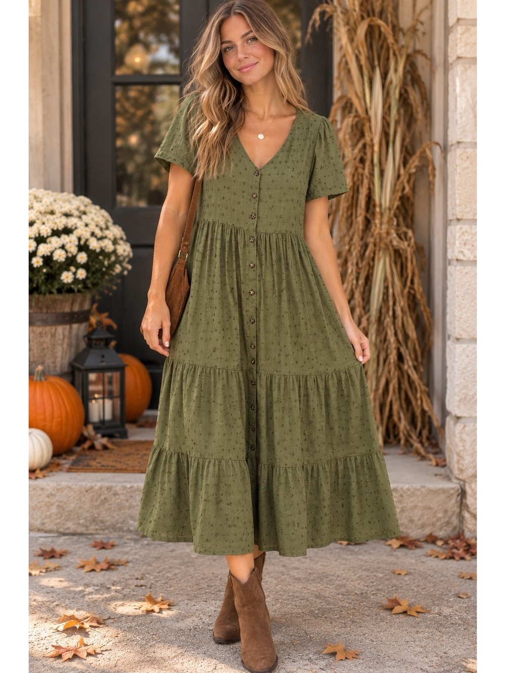 Sonoma Olive Green Swiss Dot Tiered Button Front Midi Dress Medium